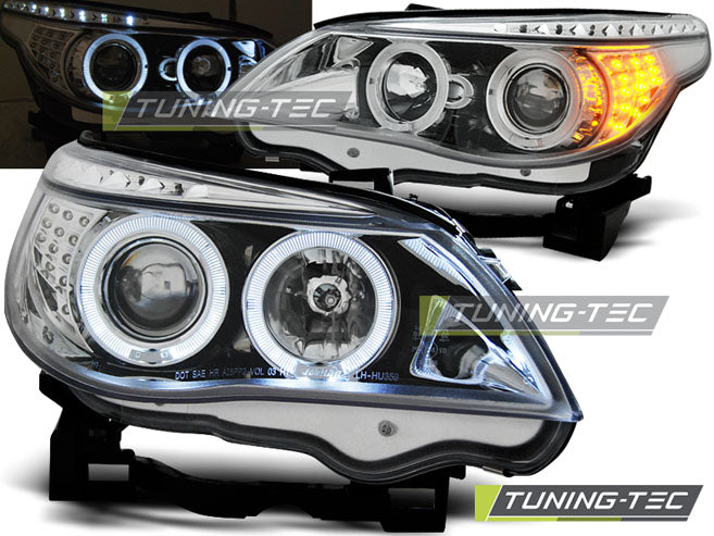 Coppia Fari Anteriori per BMW Serie 5 E60 E61 Angel Eyes Cromati