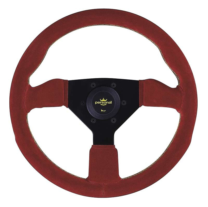 Personal Grinta Steering Wheel - 330 mm - Red Suede, Black Spokes, Yellow Stitching