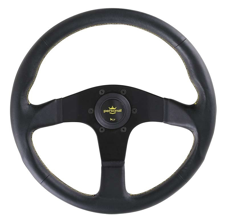 Personal Neo Actis Steering Wheel - 330 mm - Black Leather, Black Spokes, Yellow Stitching