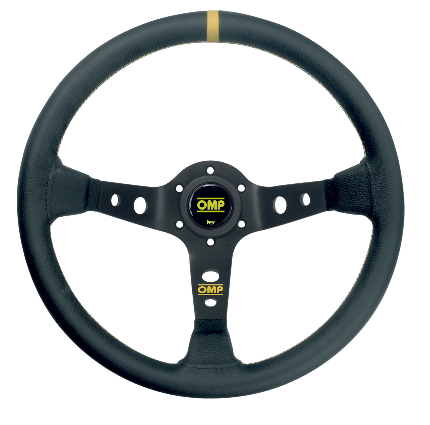 OMP Corsica Steering Wheel (95mm Dish), Black Leather, Black Spokes, Yellow Stitching
