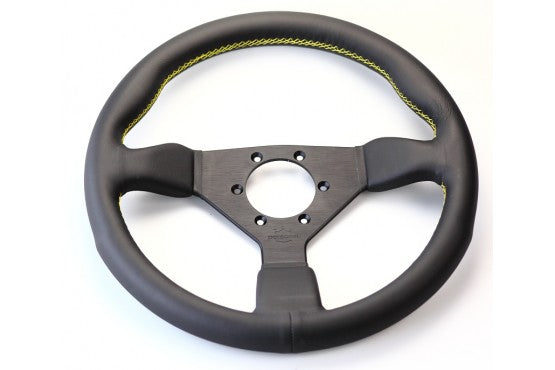 Personal Grinta Steering Wheel - 350 mm - Black Leather, Black Spokes, Yellow Stitching
