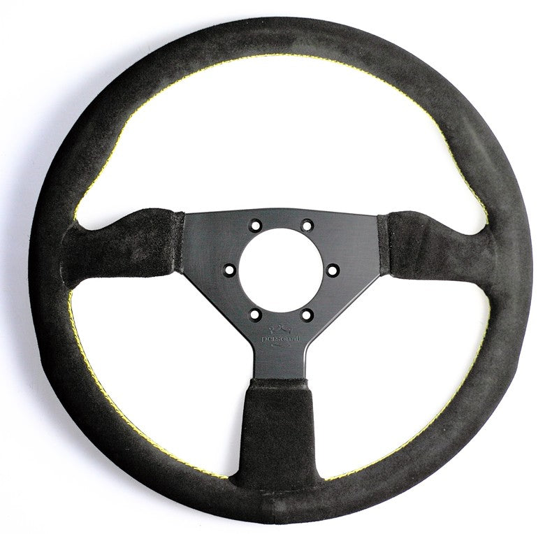 Personal Grinta Steering Wheel - 330 mm - Black Suede, Black Spokes, Yellow Stitching