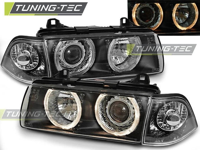Coppia di Fari Anteriori per BMW E36 Serie 3 1990-1999 Angel Eyes Neri