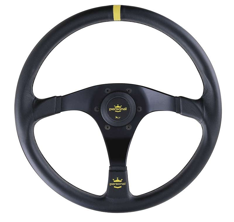 Personal Trophy Steering Wheel - 350 mm - Black Leather, Black Spokes, Yellow Stitching
