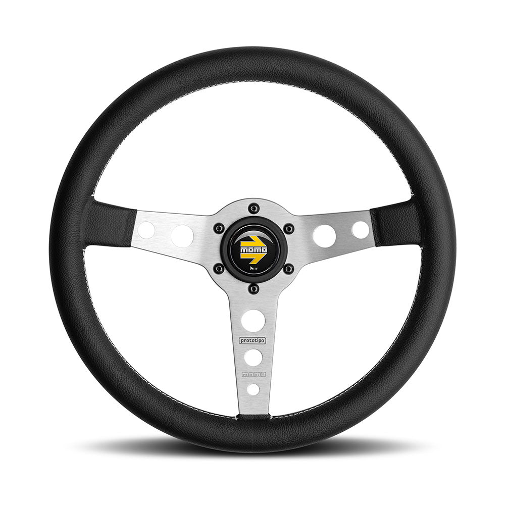 Momo Prototipo Steering Wheel (39 mm Dish), Black Leather, Aluminium Spokes - 35 cm