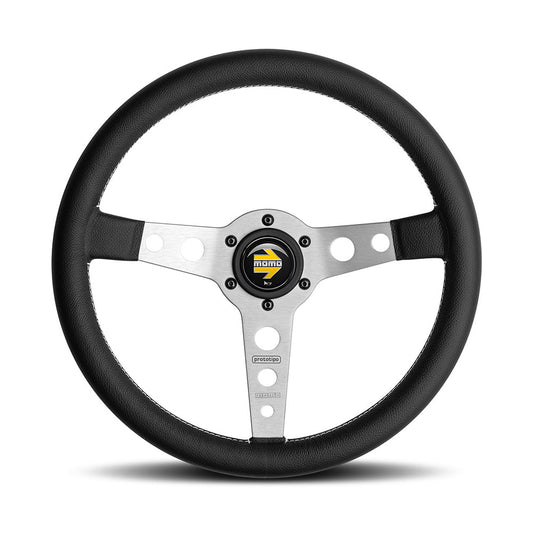 Momo Prototipo Steering Wheel (39 mm Dish), Black Leather, Aluminium Spokes - 35 cm
