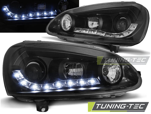 Coppia di Fari Anteriori LED DRL Look VW GOLF 5 Daylight Neri 2003 - 2009