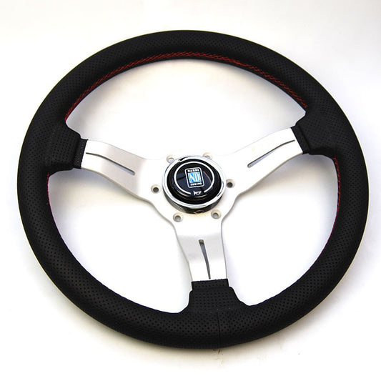 Nardi Deep Corn Steering Wheel, Black Perforated Leather, Satin Spokes, Red Stitching, 50 mm Dish, Ã33 cm
