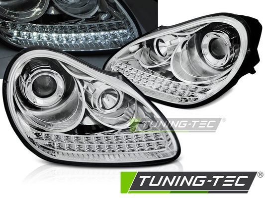 COPPIA FARI ANTERIORI DAYLIGHT CHROME HID PER PORSCHE CAYENNE 2002-2006