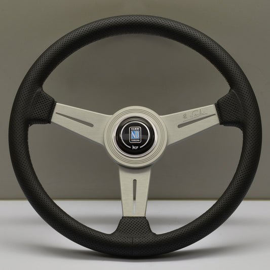 Nardi Classic ND34 Steering Wheel, Black Perforated Leather, Satin Spokes, Grey Stitching, 40 mm Dish