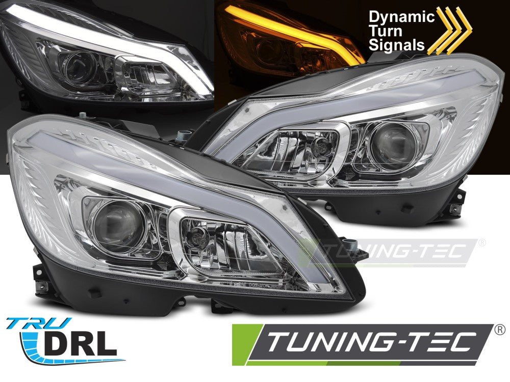 COPPIA FANALI FARI ANTERIORI TUBELIGHT LED CROMATI DRL MERCEDES W204 2011 - 2014