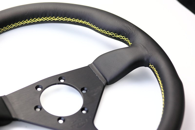 Personal Grinta Steering Wheel - 330 mm -  Black Leather, Black Spokes, Yellow Stitching