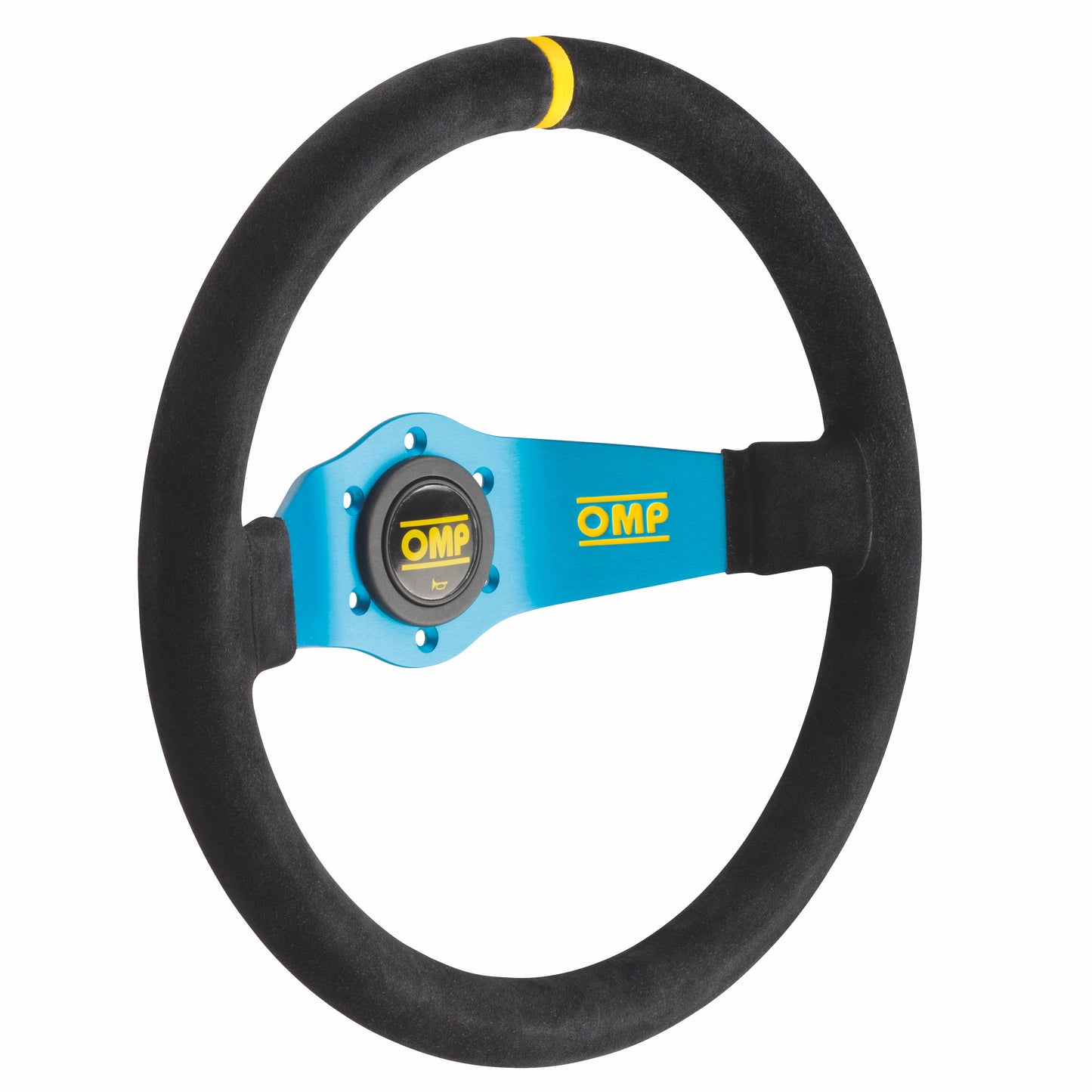 OMP Rally Steering Wheel (95mm Dish), Black Suede, Blue Spokes
