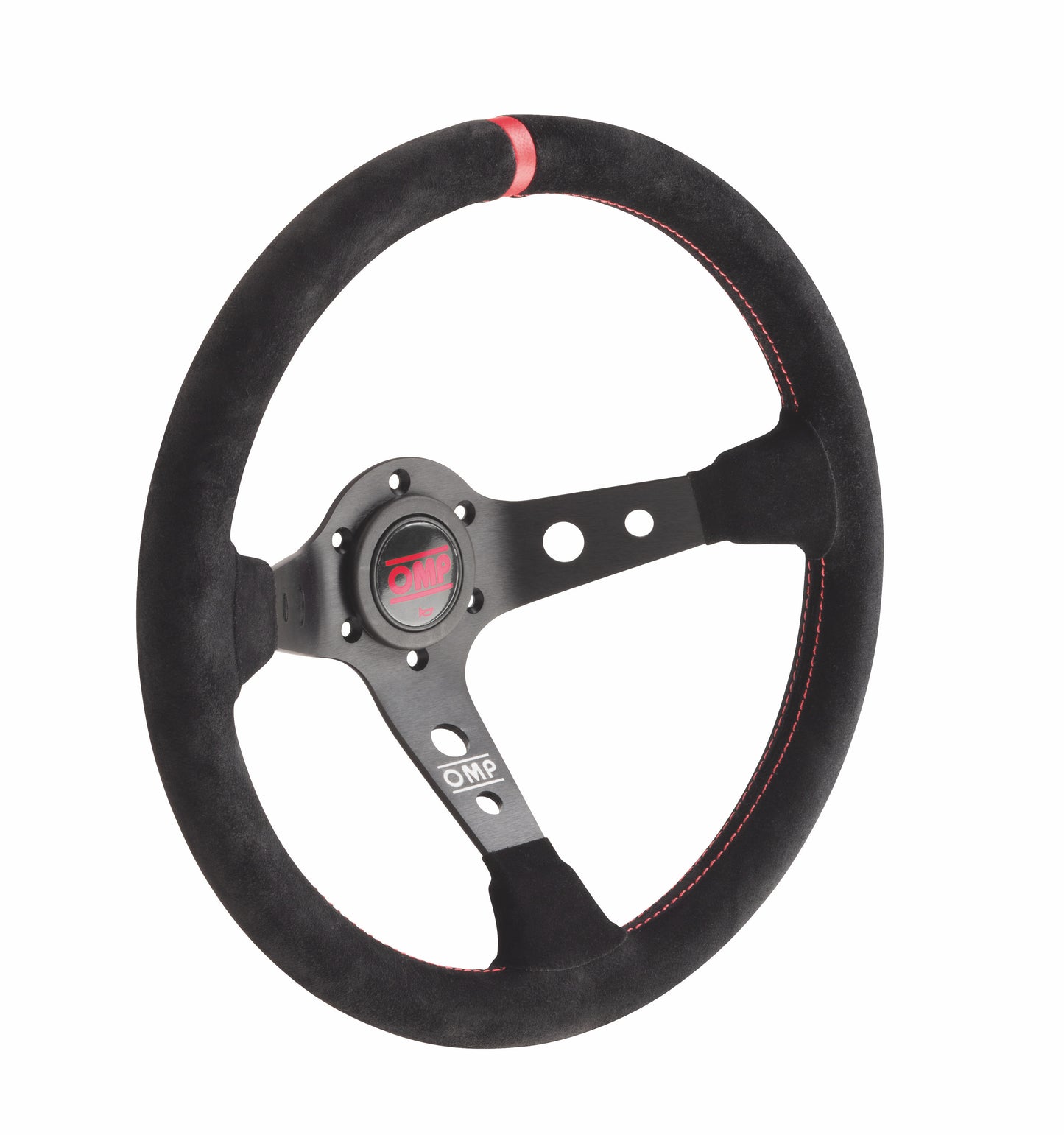 OMP Corsica Steering Wheel (95mm Dish), Black Suede, Black Spokes, Red Stitching
