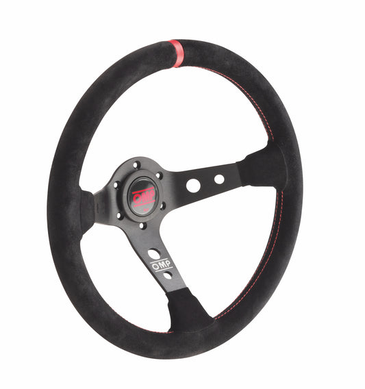 OMP Corsica Steering Wheel (95mm Dish), Black Suede, Black Spokes, Red Stitching
