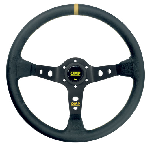 OMP Corsica Steering Wheel (95mm Dish), Black Leather, Black Spokes, Yellow Stitching