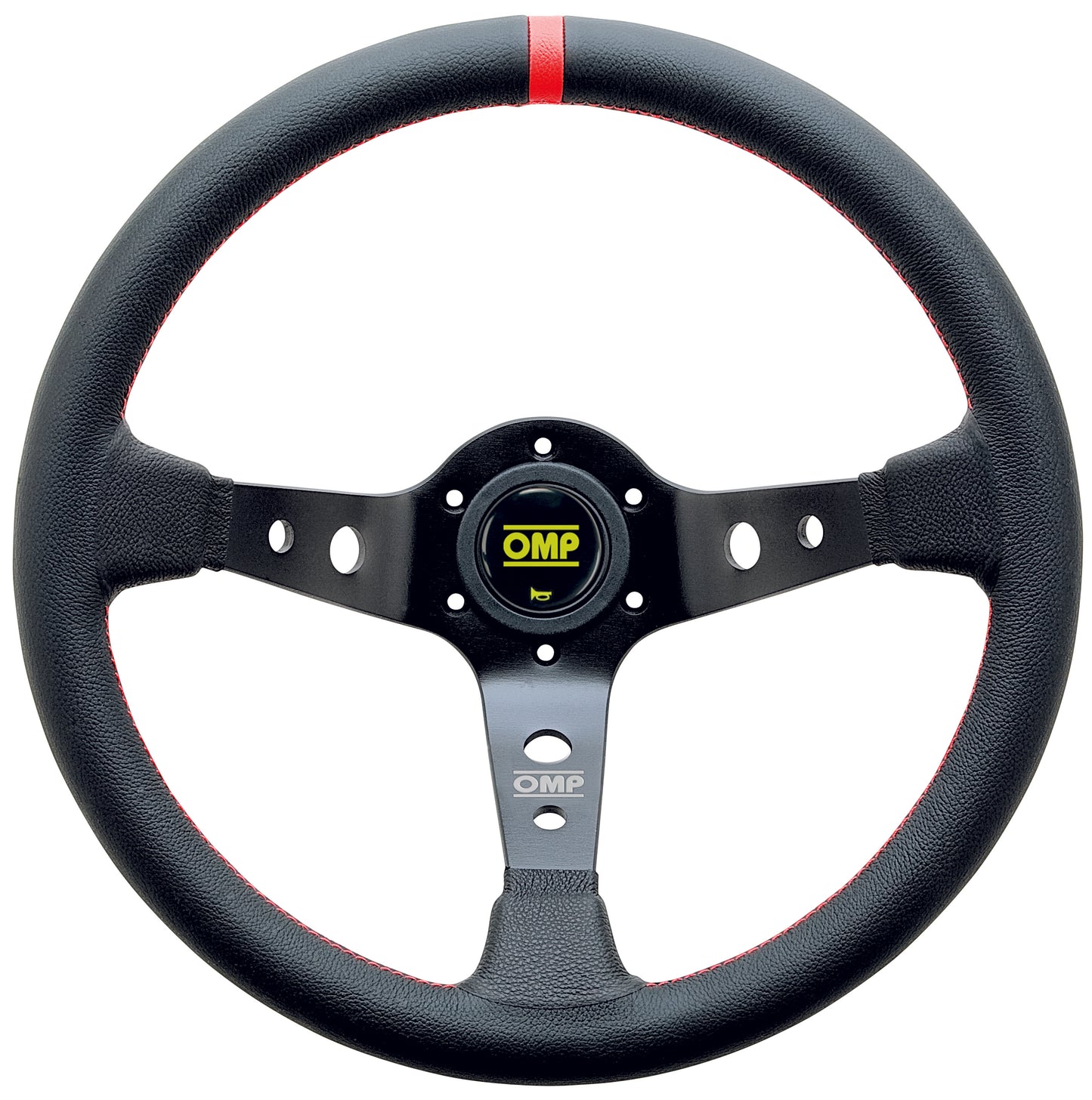 OMP Corsica Steering Wheel (95mm Dish), Black Leather, Black Spokes, Red Stitching