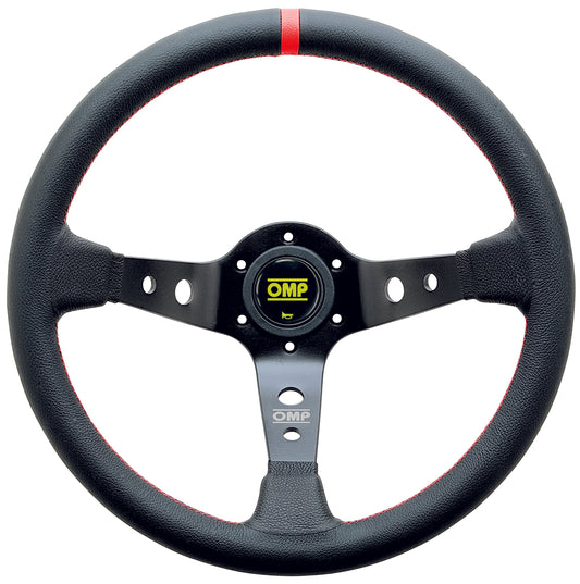 OMP Corsica Steering Wheel (95mm Dish), Black Leather, Black Spokes, Red Stitching