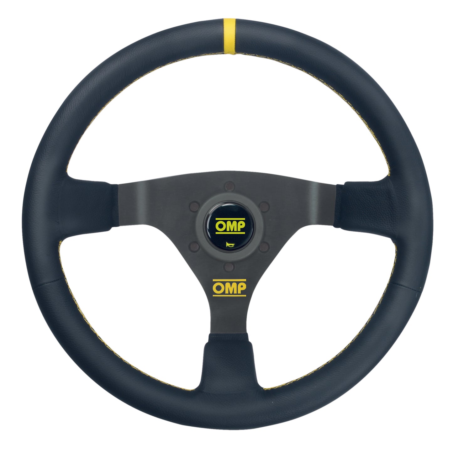 OMP WRC Steering Wheel (70 mm Dish), Black Leather, Black Spokes, Yellow Stitching