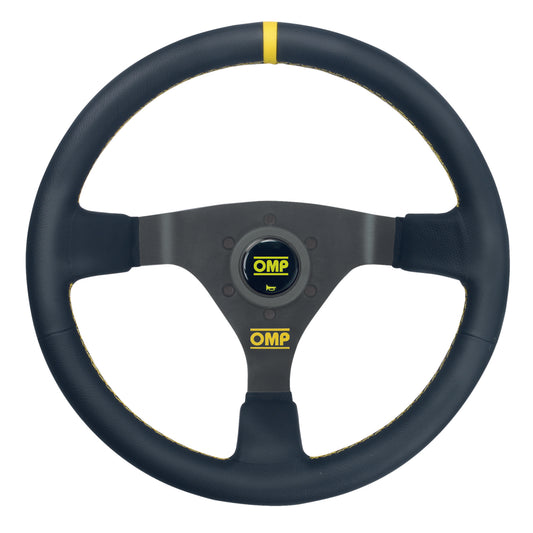 OMP WRC Steering Wheel (70 mm Dish), Black Leather, Black Spokes, Yellow Stitching