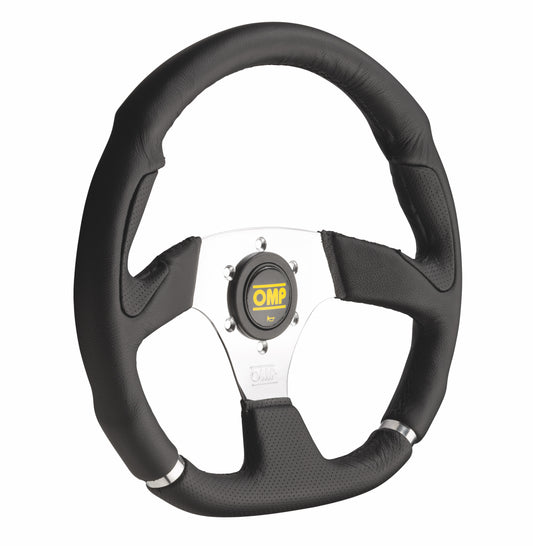 OMP Cromo Steering Wheel (Flat), Black Leather, Chrome Spokes