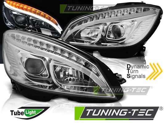 COPPIA FARI FANALI ANTERIORI MERCEDES W204 07-10 TUBO CROMATO H7 SEQUENZIALE