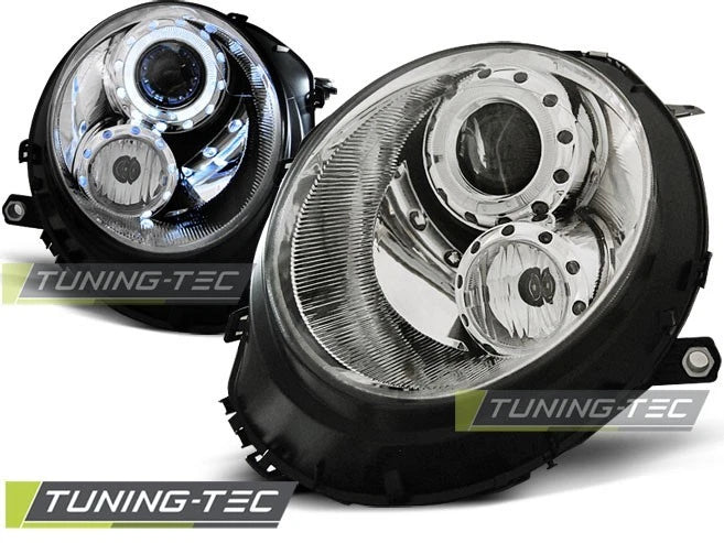 Coppia Fari Anteriori Mini COOPER R55 R56 R57 R58 R59 2006-Angel Eyes Cromati