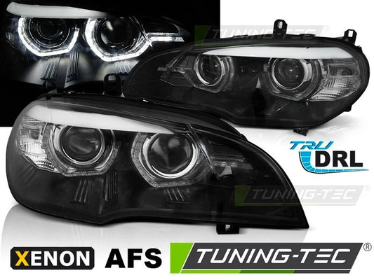 COPPIA FANALI FARI ANTERIORI XENON LED NERO ANGEL EYES BMW X5 E70 07-10 CON AFS