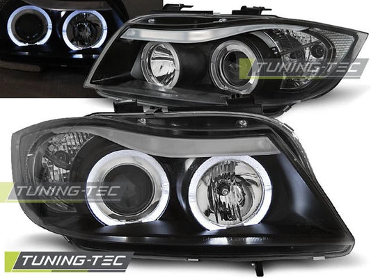 Coppia di Fari Anteriori per BMW Serie 3 E90 E91 2005-2008 Angel Eyes Neri