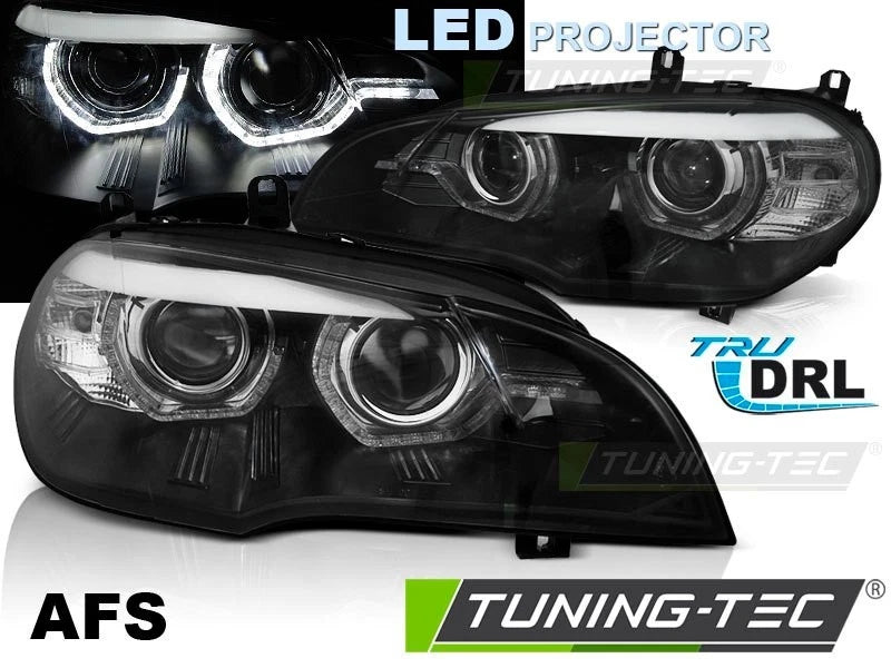 COPPIA FANALI FARI ANTERIORI FULL LED NERO ANGEL EYES BMW X5 E70 07-10 CON AFS