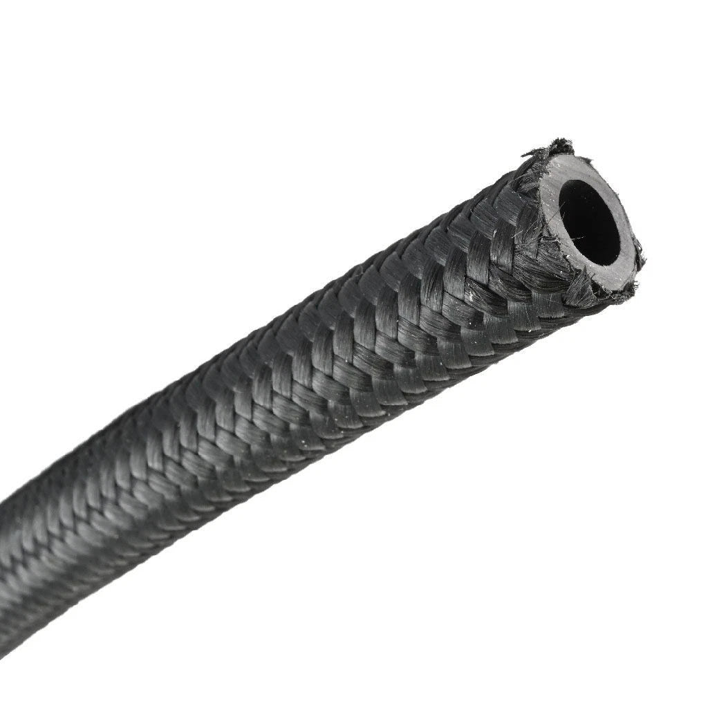 tubo rinforzato benzina 8 mm An6 in treccia acciaio nero gomma e maglia nylon