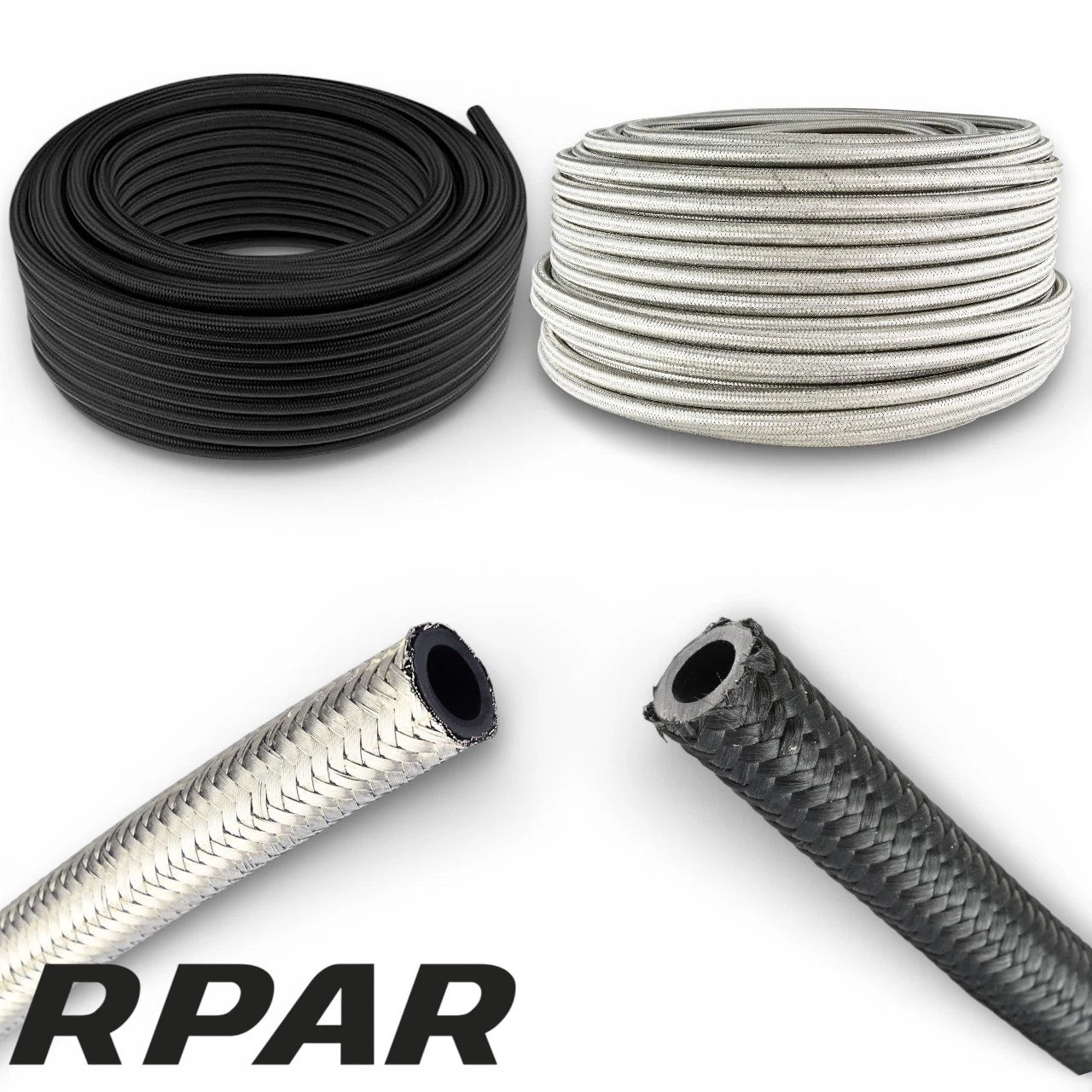 tubo rinforzato benzina 8 mm An6 in treccia acciaio nero gomma e maglia nylon