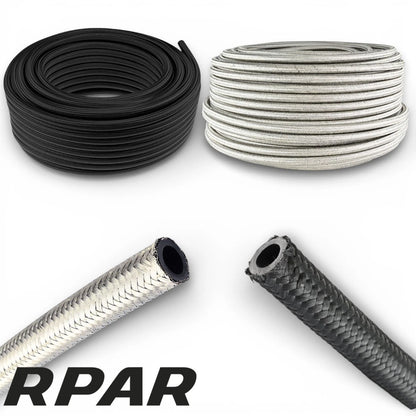 tubo rinforzato benzina 8 mm An6 in treccia acciaio nero gomma e maglia nylon