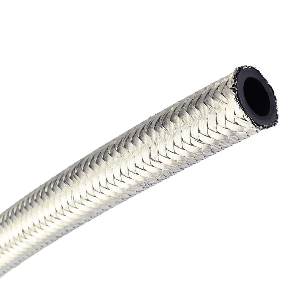 tubo rinforzato benzina 8 mm An6 in treccia acciaio nero gomma e maglia nylon