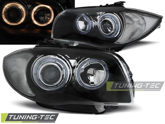 Coppia di Fari Anteriori per BMW Serie 1 E87 E81 2004-2011 Angel Eyes Neri IT LP