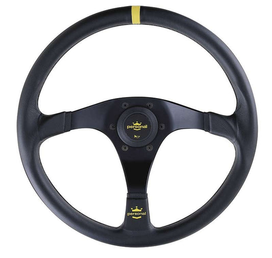Personal Trophy Steering Wheel - 350 mm -  Black Leather, Black Spokes, Yellow Stitching