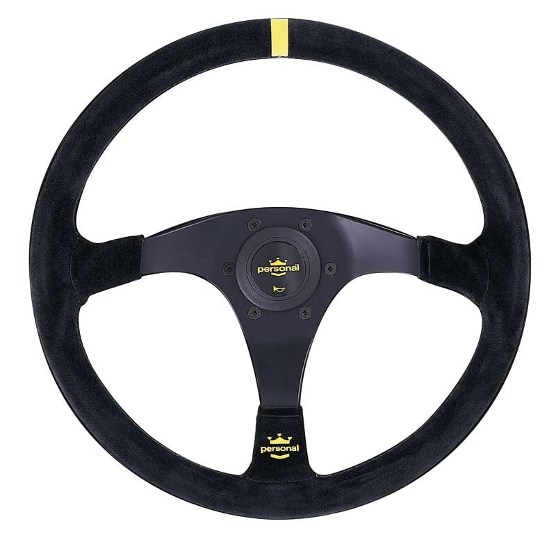Personal Trophy Steering Wheel - 350 mm -  Black Suede, Black Spokes, Yellow Stitching
