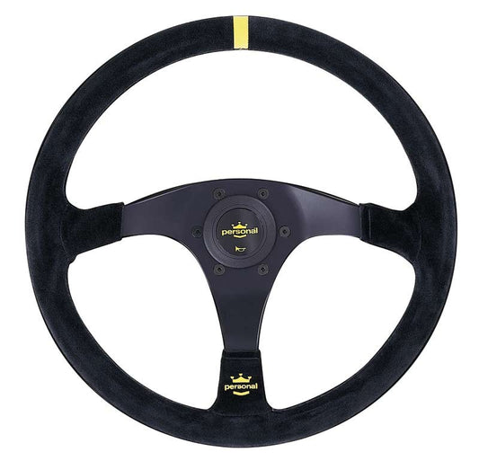 Personal Trophy Steering Wheel - 350 mm -  Black Suede, Black Spokes, Yellow Stitching